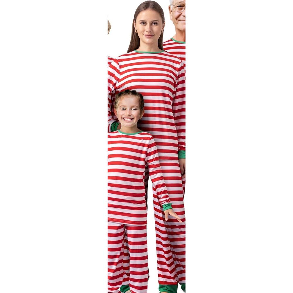 Womens Sz L Pajama Set 2 Red White Green Striped Christmas Long Sleeve Festive